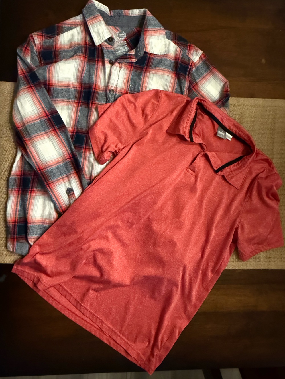 Lot bundle of two -Puma Red Polo and Wonder NationRed/Blue Plaid Button-Down